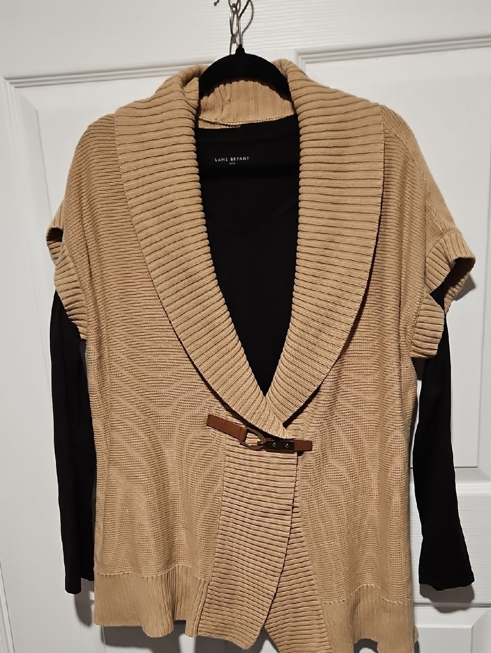 Chaps Tan Shawl-Collar Short-Sleeve Cardigan with Front Buckle